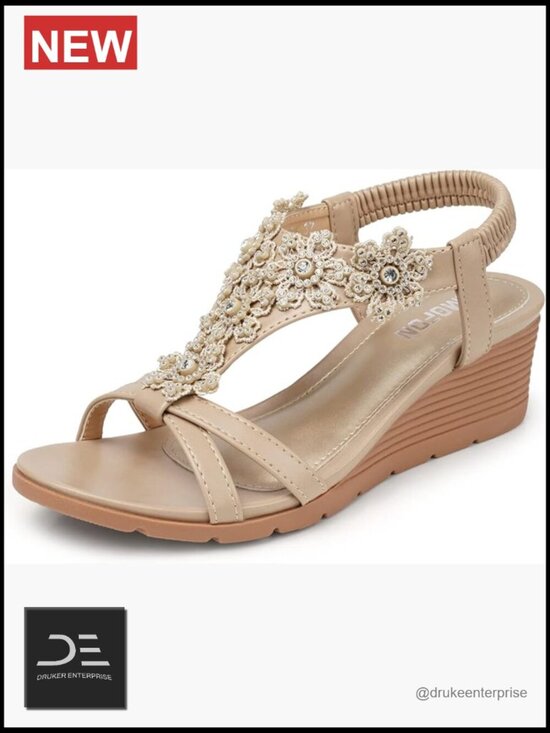 Shoes - Low Wedge Heels Platform Sandals Elastic Ankle Strap Open Toe Rhinestone Floral